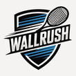 © 4CreativeWorld - Wallrush tennis or padel shield with fast racquet and blue stripes, sleek team emblem badge, modern court sport branding vector illustration