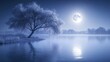 © we3_food - Serene winter night landscape with a solitary tree reflecting in calm water under a full moon.