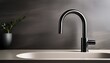 © Ellen - sleek minimal modern faucet in matte black finish elegant curved spout and single lever handle for a high end design in a neutral toned background panoramic view