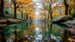 © Jennifer - Autumn trees with yellow leaves reflected in calm water in a forest.