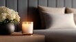 © Jiemjit - aromatic candle on bedside table, warm soft glow illuminating room, realistic details