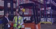 © vectorfusionart - Checking woman in blazer and man in vest counting pallets in warehouse with orange forklift, helmet