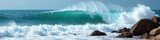 Powerful ocean waves crashing against a rocky shore, demonstrating the raw energy of the sea The whitecaps and spray illustrate the force of nature , waves crashing, clean energy, foam