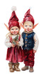 © No background - Watercolor two cute elves in red hats and festive outfits, holding a small pine branch