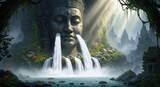 Serene waterfall cascades from an ancient stone deity's eyes in lush greenery paradise