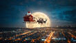 © Leandro Bonizio Lima - santa claus in the city Realistic Santa Claus flying with his sleigh over a city lit up at night, reindeer in motion, full moon, cinematic and magical atmosphere.