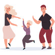 © Diyah - Three people a tall blonde woman in a pink skirt and black shirt a young boy in a purple shirt and dark pants and a man in a black shirt and maroon pants dancing happily together on a white