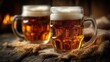 © Old Man Stocker - Two Cold Beer Mugs with Foam on Rustic Wooden Table in Cozy Ambient Lighting