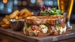 © Ashi - Rustic gourmet bacon cheese sandwich with crispy bacon and melted cheddar on artisan toasted bread styled on a wooden table in a warm cozy pub setting for comfort food photography and restaurant menu