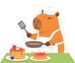 © Rosie Lee - Happy capybara chef cooks delightful breakfast pancakes with fresh toppings