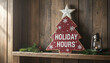 © Gul - Rustic wooden christmas tree decoration with holiday hours message displayed on weathered planks background, Rustic Holiday Business Signage
