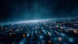 Futuristic network grid digital data information technology background glowing dots blur depth cyber wave abstract light pattern motion perspective connect energy