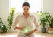 © Meow Creations - Serene woman cradling her abdomen with a glowing green light, symbolizing gut health and well being.