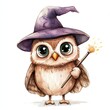 © karnsiree - Kawaii cute adorable little watercolor style owl wearing a wizard hat and holding a magic wand, isolated on a white background