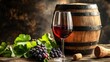 © Dara - A glass of red wine with a wooden barrel and grapes on a rustic wooden table.