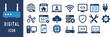 © Raju - Collection of blue and white digital technology icons on dark blue background computer network