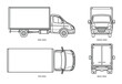 ©  MVectors - Cargo delivery truck outline views. Side, front, top, and back perspectives of commercial vehicle.