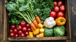 © Dara - A wooden crate filled with a variety of fresh vegetables, including carrots, tomatoes, and broccoli, on a rustic wooden table.