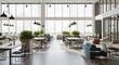 © Ehtisham - Empty modern open-plan office setting with tables, seating, and green plants. Interior shot of a well-lit office space with tables, chairs, and modern design elements.