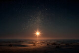 A dramatic night sky over Bethlehem with a single shining star glowing brilliantly