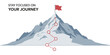 © Mizu Ahmed - journey concept vector illustration of a mountain with path and a flag at the top, route to mountain peak, business journey and planning
