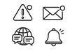 © Andrei - Outline symbols for notification bell, warning sign, email, and global communication