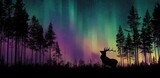 Silhouetted deer in a forest under a vibrant aurora borealis