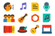 © Александр Михайлюк - Folk Music Icons. Flat vector icons of Folk Songs: Singing Person, Music Note, Lyric Sheet, Microphone, Group of Singers, Guitar,