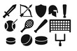 © Александр Михайлюк - Solid Sports Icons. Solid style icons of sports equipment: sword, bow, arrow, javelin, shield, helmet, ball, racket, bat, net,