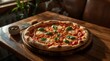 © Svetlana - Ultra-realistic photo of a Margherita pizza on a dark brown wooden table, warm natural light from the left, cozy restaurant ambiance. Melted mozzarella, tomato sauce, fresh basil leaves, golden crust