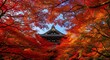 © Creative Parul  - Traditional japanese temple framed by vibrant red and orange autumn maple leaves against a clear blue sky.