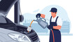 © meeblues - Mechanic performing oil change beneath lifted car in clean garage. Ideal for maintenance ads, auto repair visuals, service promotions, and mechanical illustrations