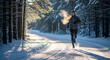 © Andrey - Jogger in winter gear athletic man jogging on snowy forest road in cold weather, visible breath in frosty air, wearing thermal running clothes, concept of healthy lifestyle, endurance and motivation