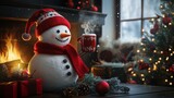 Snowman with red scarf, sipping cocoa by festive fireplace .
