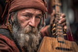 A close-up of a traditional mountain musician playing a unique string instrument, their focused expression conveying a passion for their craft.
