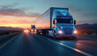 © miss irine - Autonomous trucks drive on highway at sunset. Digital data streams cover vehicles, showing smart logistics and futuristic transport. Fleet moves on road across desert.