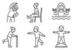 © Sergey - Elderly Exercise Icons. Line style icons of exercise and mobility for elderly: stretching pose, chair yoga, water aerobics,