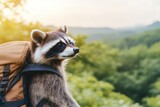 Adventurous raccoon exploring nature with a backpack in a scenic landscape