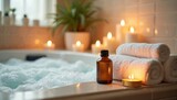 Bubble bath with aromatherapy oil, candles, and rolled towels. Serene bathroom setting offers pure relaxation and warm comfort. Enjoy peace and tranquility with this soothing spa experience at home.