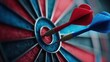 © Serhii - Precision Play: Red and Blue Dart Arrow Striking the Bullseye - A Sport Competition Concept