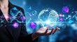 © Kreativio - Business person holding glowing digital globe and geometric shapes.