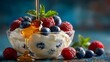 © horizon - Delicious, photorealistic shot of a glass bowl of creamy Greek yogurt topped with fresh raspberries, blueberries, and a single sprig of mint.
