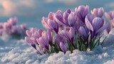 Hopeful and beautiful, photorealistic image of a cluster of vibrant purple crocuses pushing through a blanket of clean white snow in early spring.