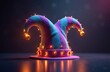 © miss irine - Striped jester hat with shiny golden bells and festive string lights adorns dark moody background. Colorful headwear sparks joy and merry spirit for any celebration or performance event.