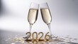 © cd - new year 2026 banner with two elegant champagne flutes with gold confetti inside are clinking together against a white background, created with generative ai