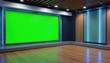 © miss irine - Virtual news studio with large green screen for chroma key. Modern television set with wooden floor, spotlights, blue lights. Empty room for broadcasting, live stream presentation. Pro TV production