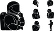 ©  BAKKOR - Astronaut thinking silhouette set, space suit poses, black on white, contemplation icon, helmet figure, decision gesture, exploration theme