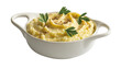 © mdmanik - Creamy mashed potatoes in a white serving dish garnished with parsley and pepper isolated on a transparent background