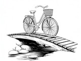 Black and White Line Sketch of Vintage Bicycle Crossing Narrow Wooden Bridge Over Gentle Stream
