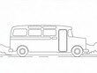 © Gudang - Bold Black Outline of Vintage Retro School Bus Side Profile with Simple Geometric Shapes Clean Lines Isolated on White Background